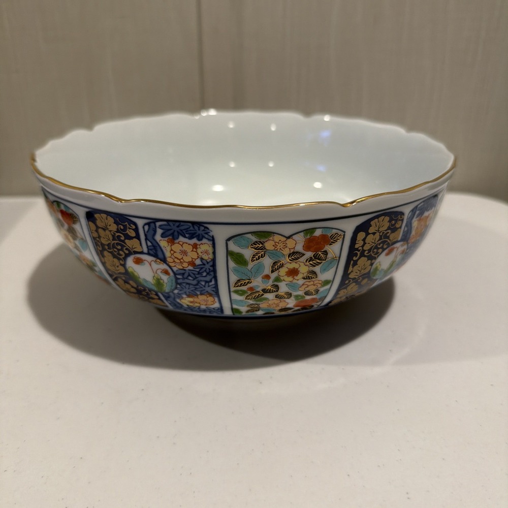 Vintage Arita Japanese Porcelain Scalloped Serving Bowl Ko Imari Floral Gold 8"